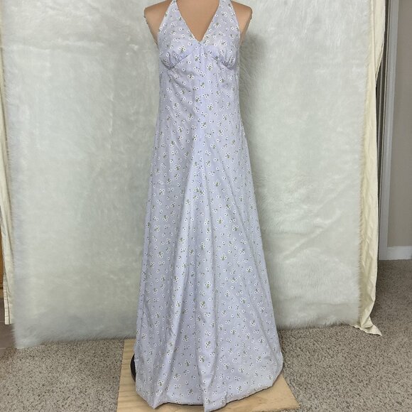Vintage 70s Halter Neck Lilac Purple Flocked Daisy Floral Print Maxi Dress S - Picture 1 of 7